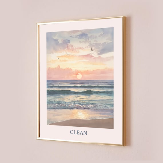 Clean Beach Sunrise Ocean Watercolour Sunset Seascape Poster