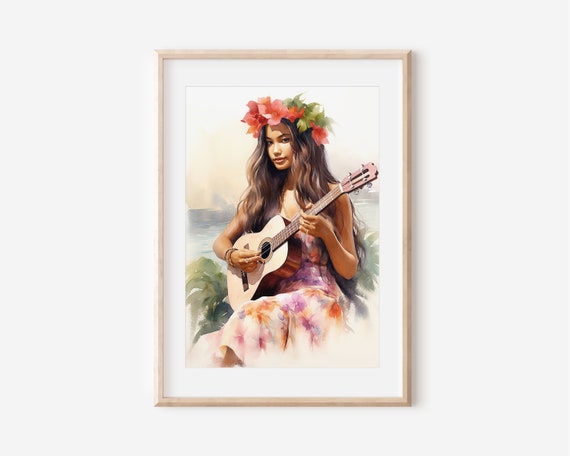 Original Watercolor Painting Of Girl Playing Ukelele Hawaii Gift Ideas Hawaiian Ukelele Artwork