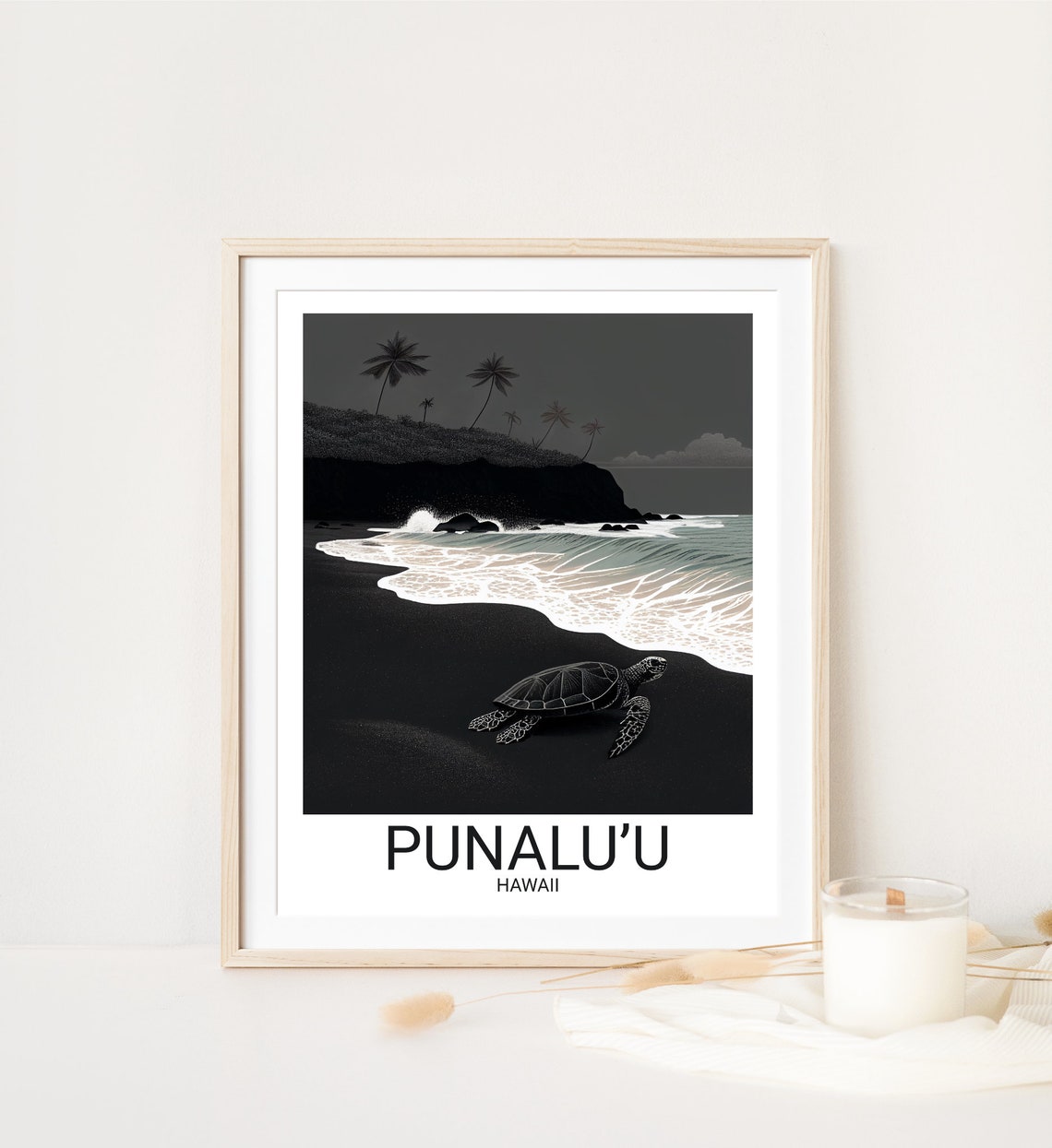 Punaluu Hawaii Black Sand Beach Sea Turtle Night Travel Poster - Image 4