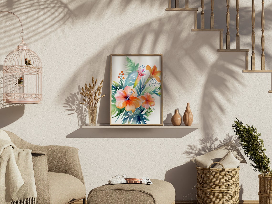 Tropical Hawaiian Hibiscus Flower Bouquet Watercolor Wall Art Poster - Image 2