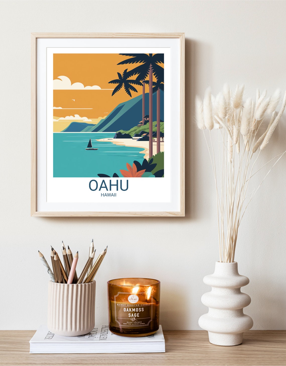 Oahu Hawaii Beach Retro Travel Illustration Turquoise Ocean Poster - Image 2