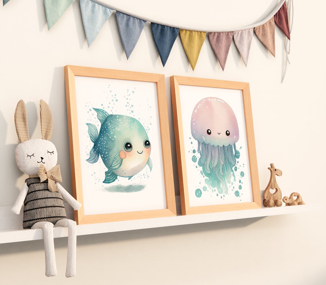 Watercolor Nursery Kawaii Fish Cute Nursery Animal Art Baby Animal Nursery Painting Art For Babies Gifts For Newborns - Image 4