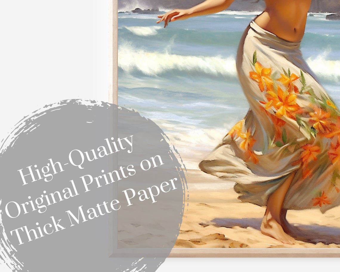 Beautiful Hula Dancer On Beach Hawaiian Hula Art On Thick Matte Paper - Image 3