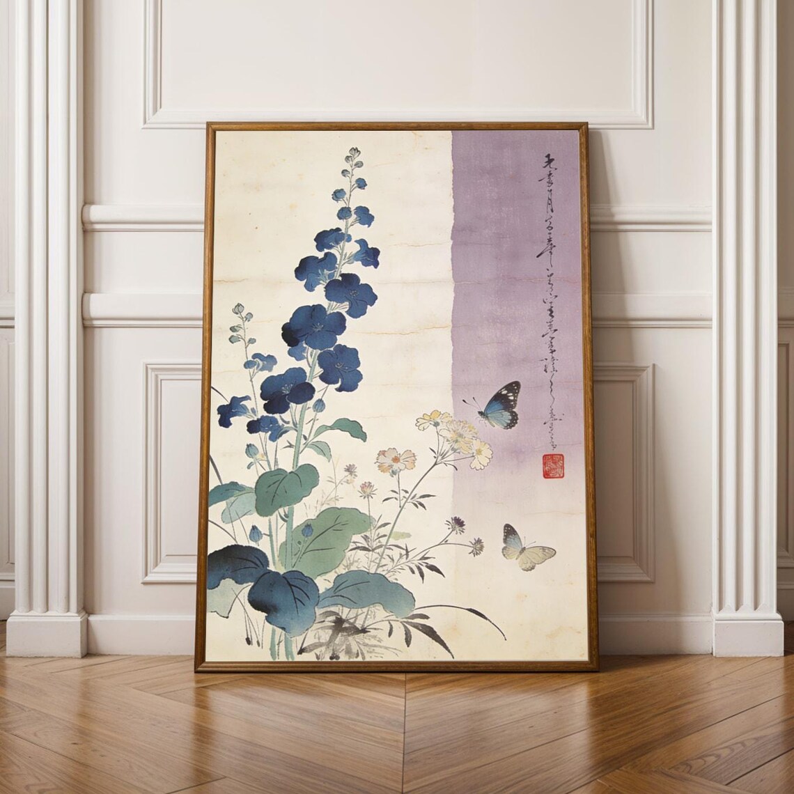 Japanese Blue Hollyhock Butterfly Vintage Botanical Woodblock Wall Art