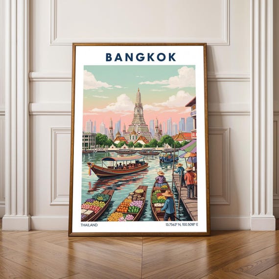 Bangkok Thailand Travel Poster Floating Market Wat Arun Wall Art