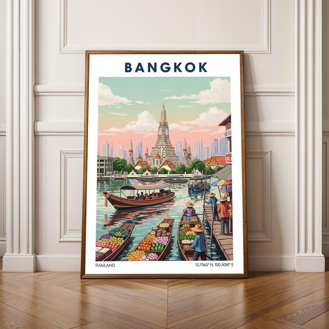 Bangkok Vintage Travel Poster Floating Market Wat Arun Thailand