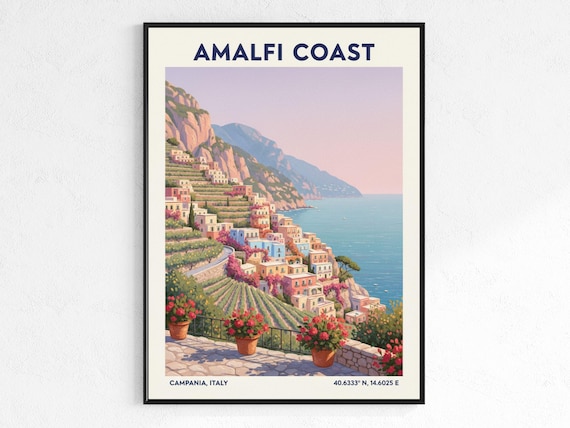 Amalfi Coast Art Print Vintage Mediterranean Travel Living Room And Office Decor