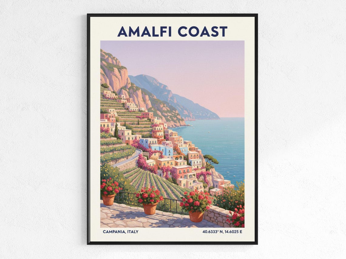 Amalfi Coast Italy Vintage Travel Poster With Map Coordinates
