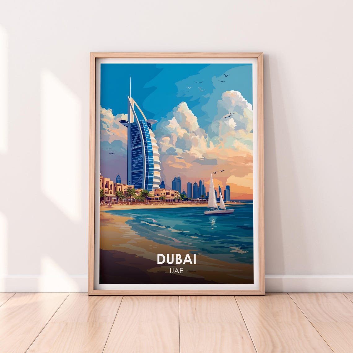 Dubai UAE Burj Al Arab Sailboat Beach Golden Sunset Travel Poster