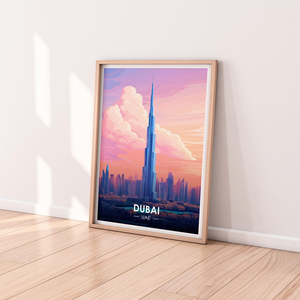 Dubai UAE Burj Khalifa Pink Sunset Skyline Clouds Travel Poster - Image 2