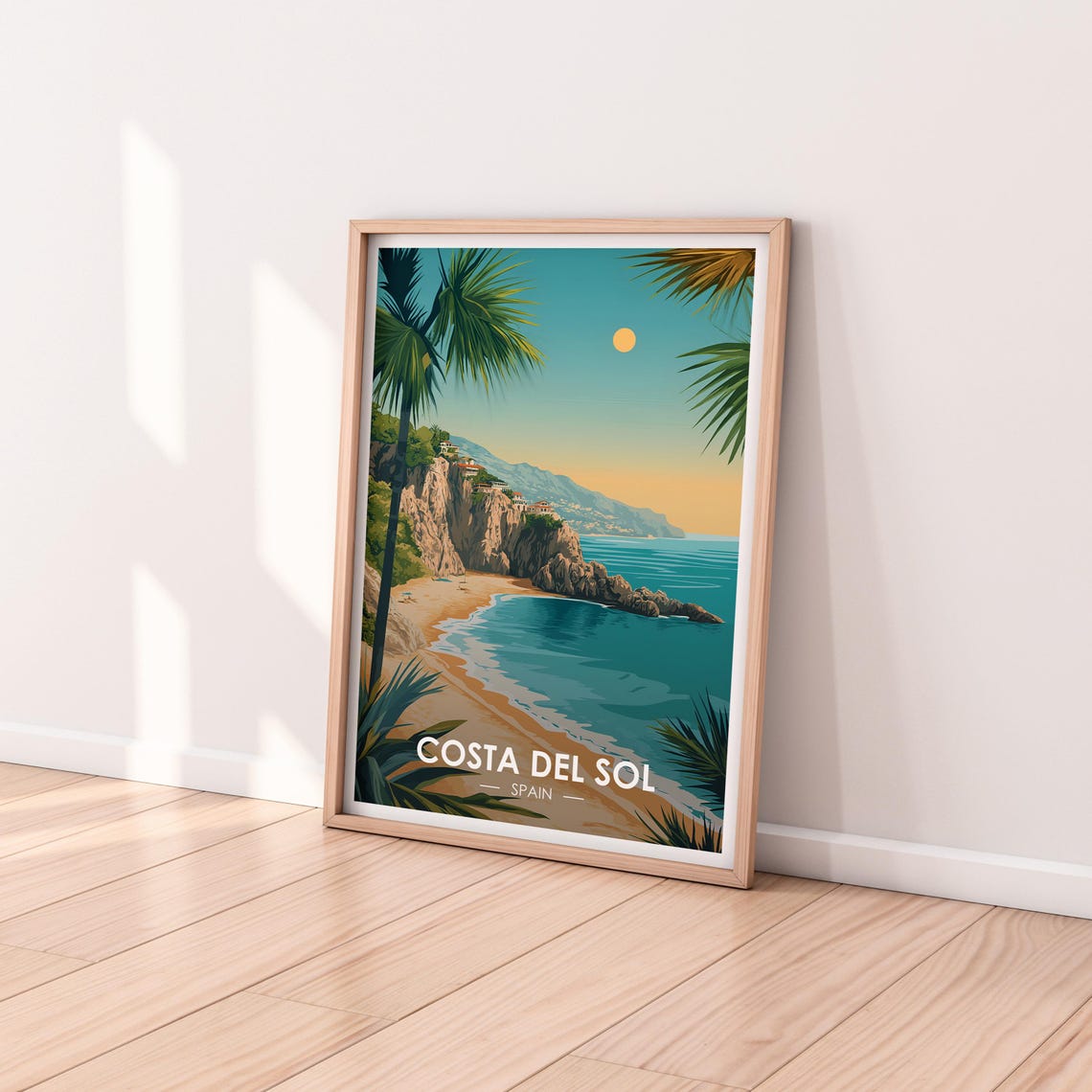 Costa Del Sol Spain Sandy Beach Cliffs Palm Trees Turquoise Sea Poster - Image 2