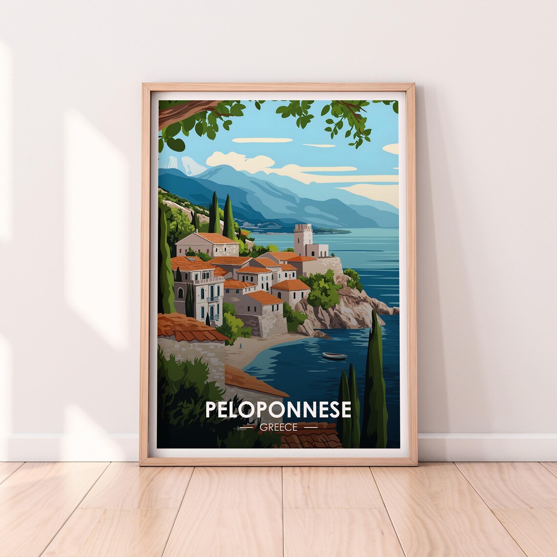 Peloponnese Greece Coastal Village Cypress Tower Bay Travel Poster