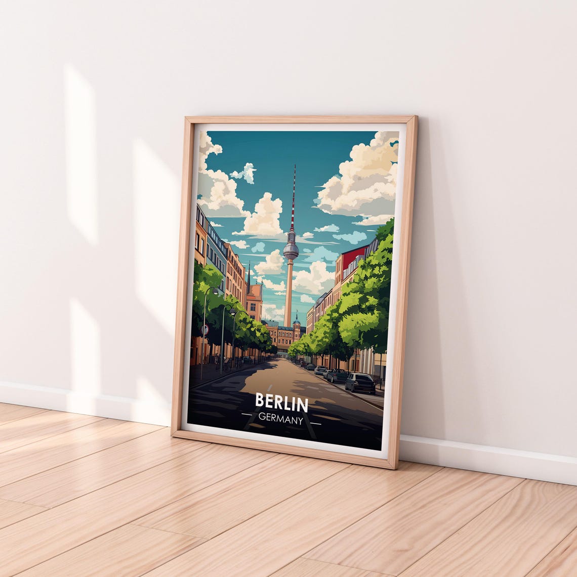 Berlin Germany TV Tower Tree Lined Street Sunny Retro Travel Poster - Image 2