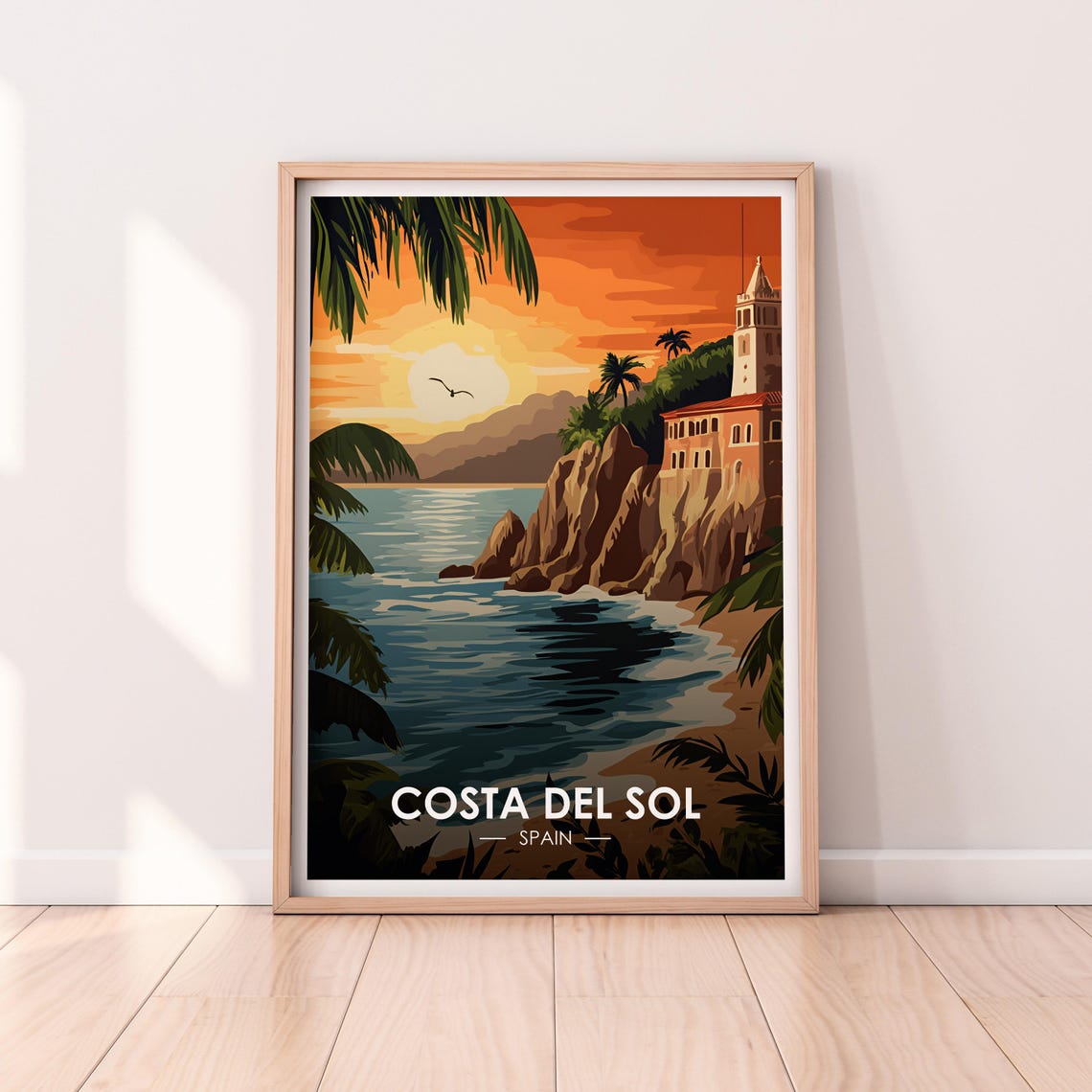 Costa Del Sol Spain Rocky Cliffs Tower Sunset Palm Coast Poster