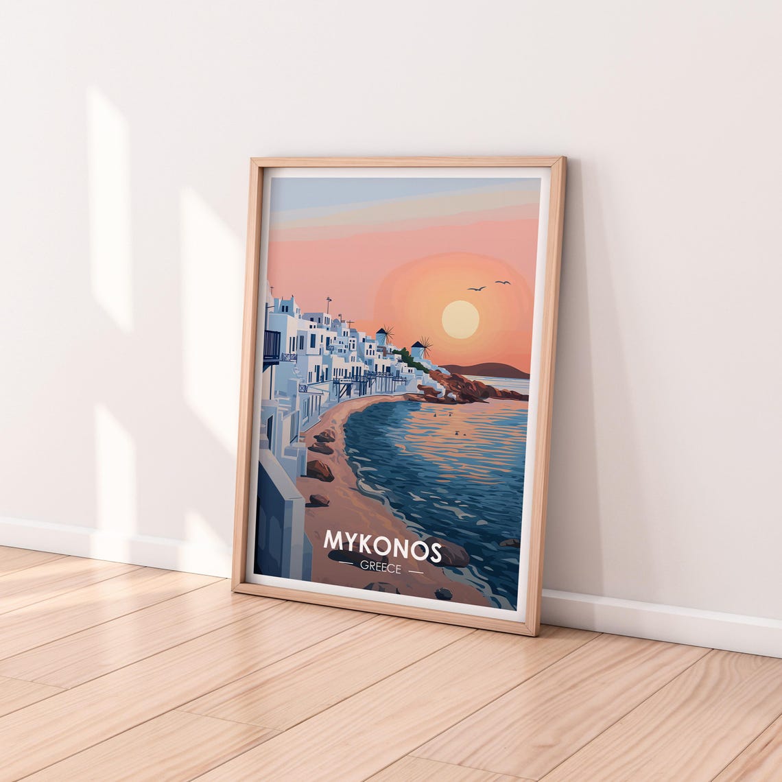 Mykonos Greece Sunset Windmills Beach Scene Vintage Travel Poster - Image 2