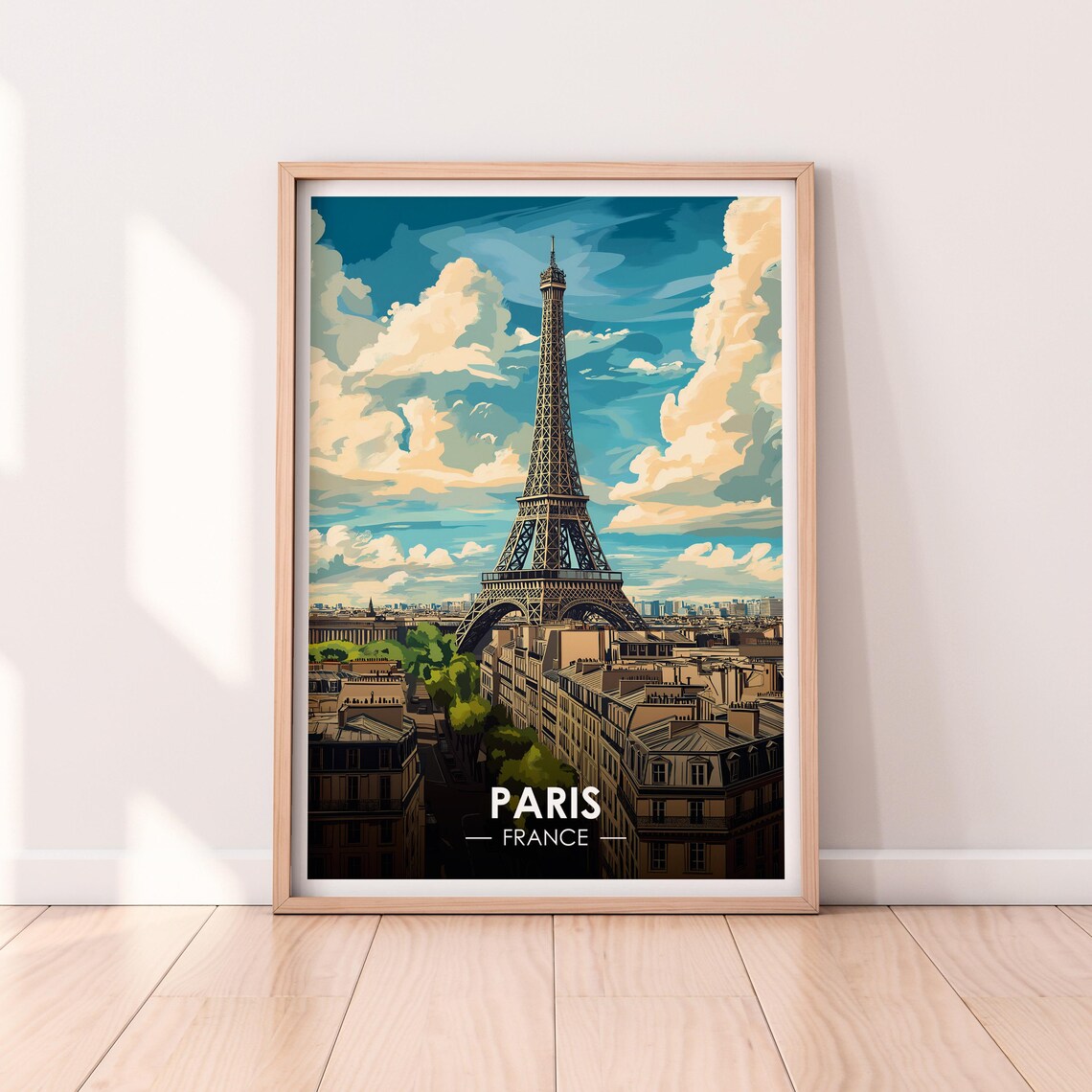 Paris France Eiffel Tower Rooftops Aerial View Vintage Travel Poster