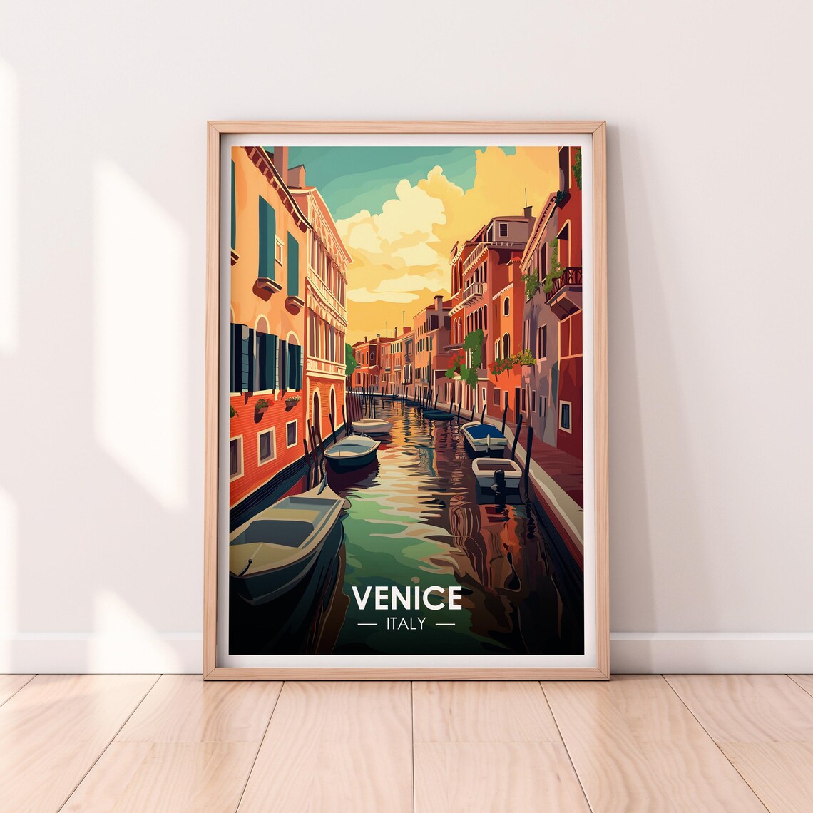 Venice Italy Sunset Canal Colorful Buildings Boats Travel Poster