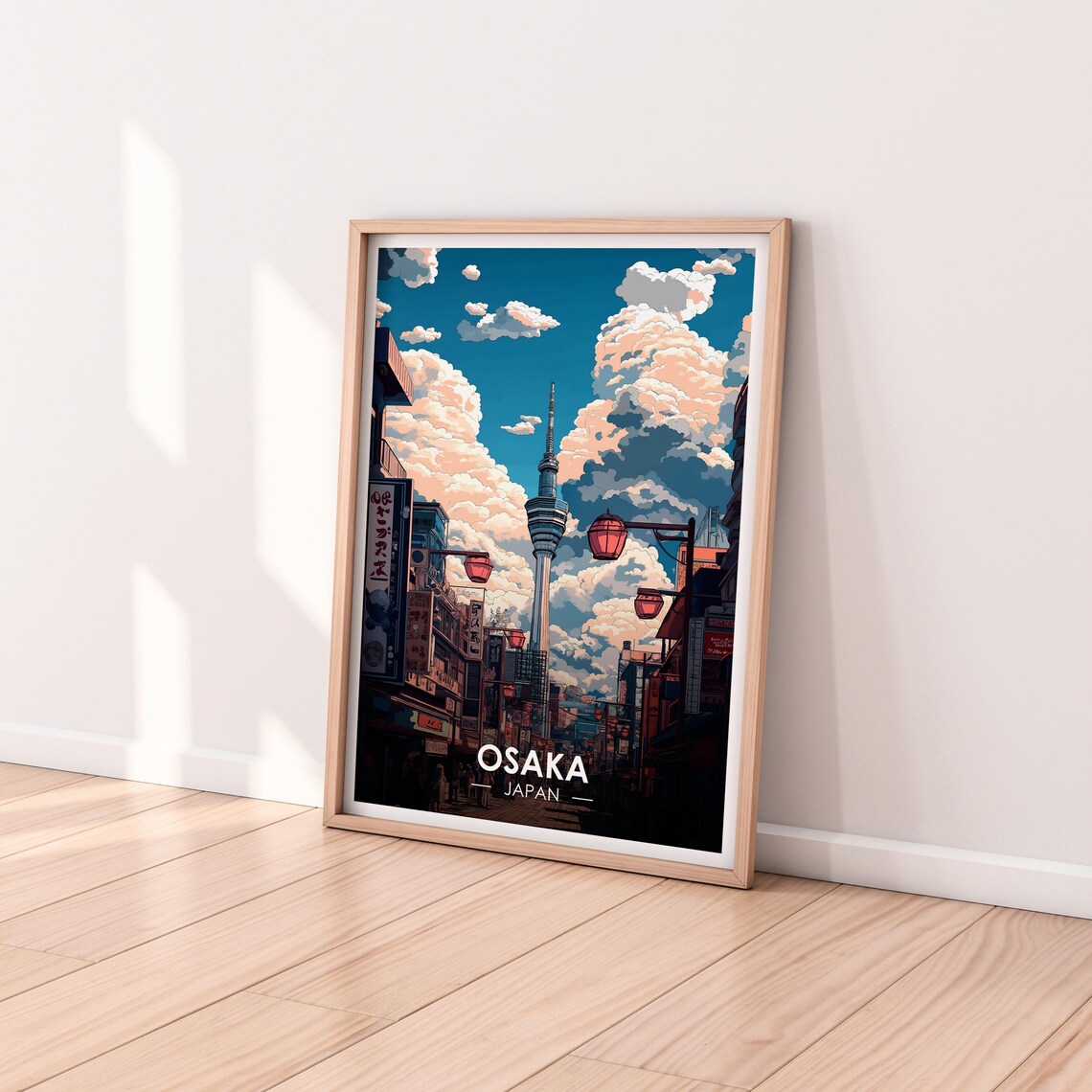 Osaka Japan Tsutenkaku Tower Lantern Street Sky Clouds Poster - Image 2
