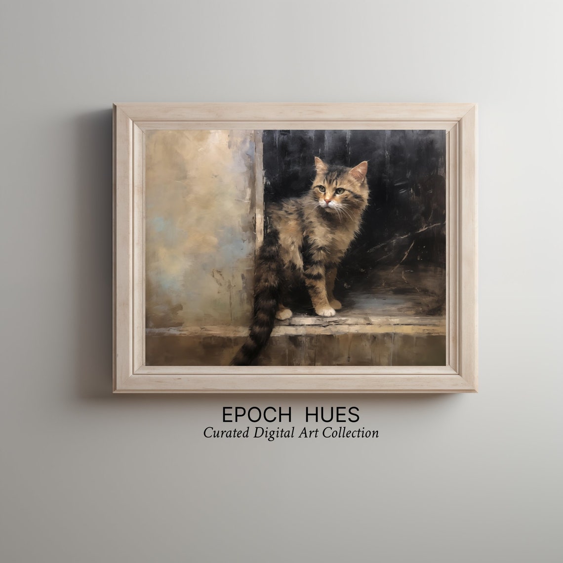 Long Haired Tabby Cat on Windowsill Rustic Vintage Art Poster - Image 2