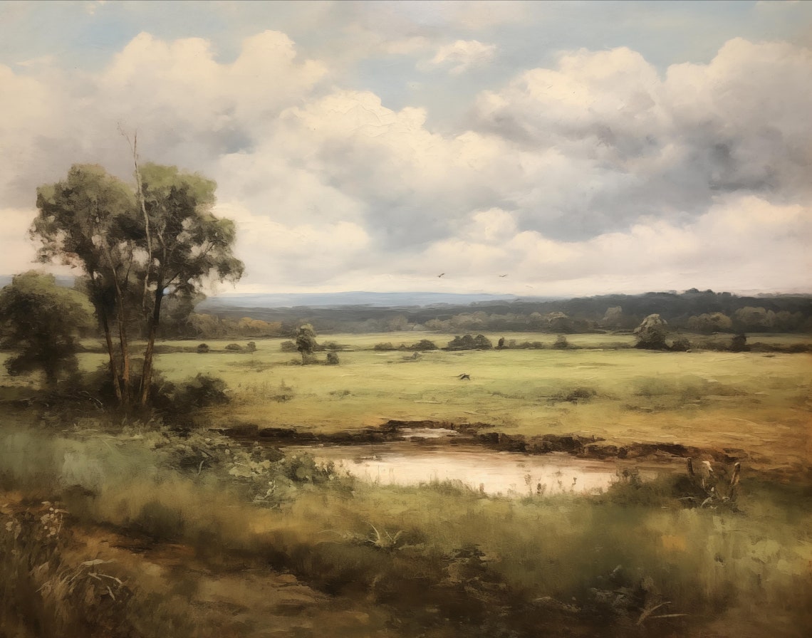 Peaceful Meadow Pond Landscape Serene Country Scenery Painting Print - Image 2