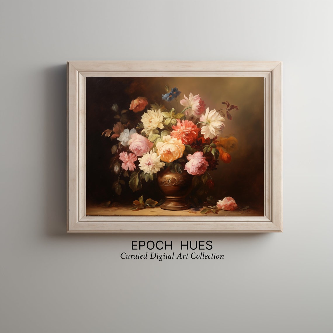 Peonies and Roses in Bronze Vase Dark Floral Still Life Poster
