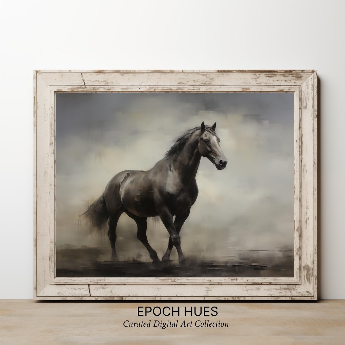 Majestic Dark Horse Galloping Through Mist Equine Art Poster