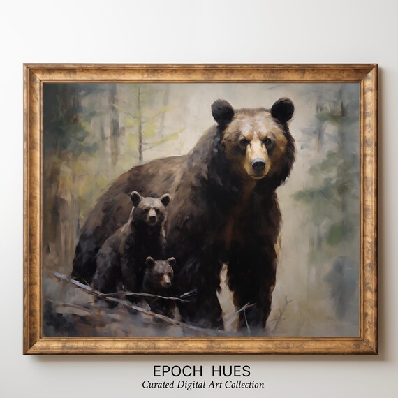 Mother Bear with Two Cubs Misty Forest Wildlife Painting Poster