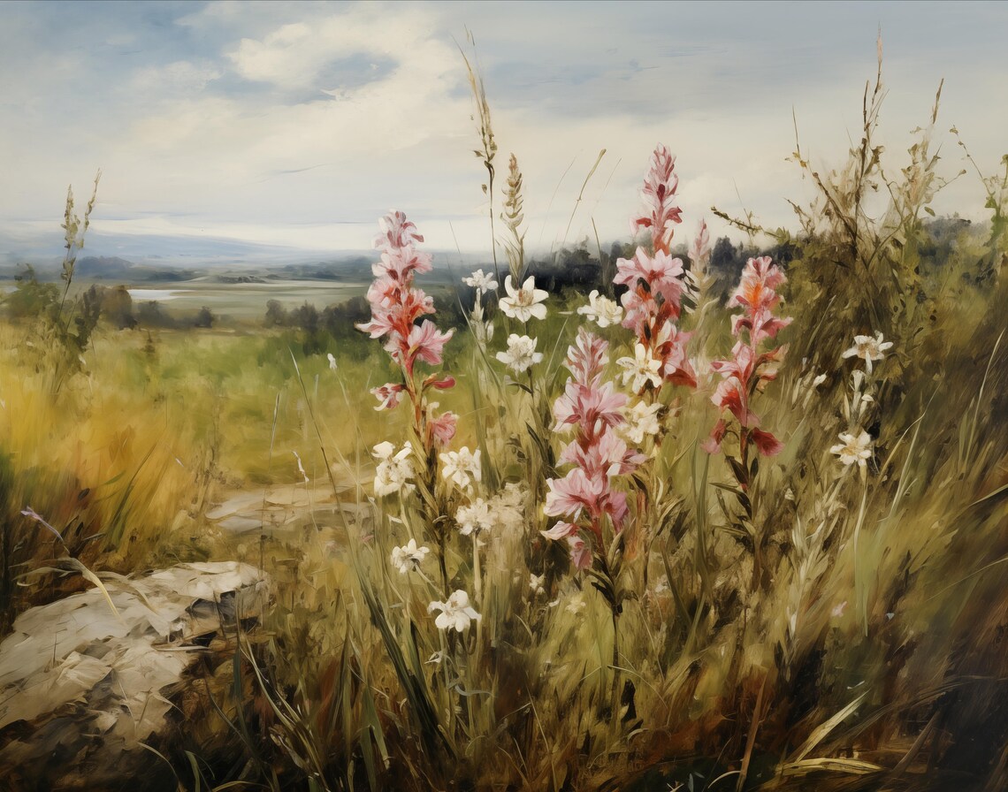 Pink Gladiolas Wildflower Field Sunny Meadow Painting Wall Art - Image 2