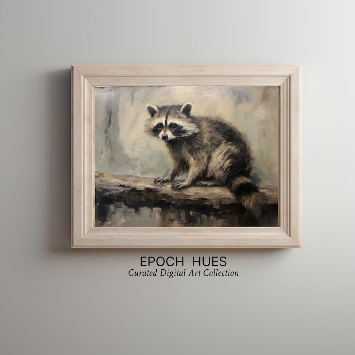 Curious Raccoon Sitting on Log Vintage Wildlife Painting Poster - Image 3