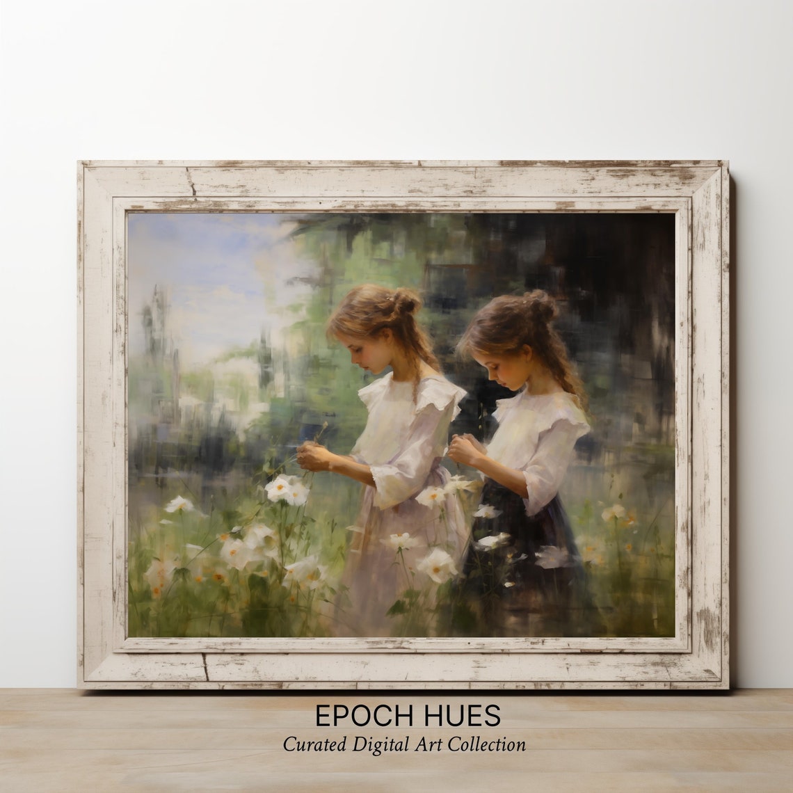 Two Girls Picking White Daisies in Sunny Meadow Soft Art Poster - Image 3
