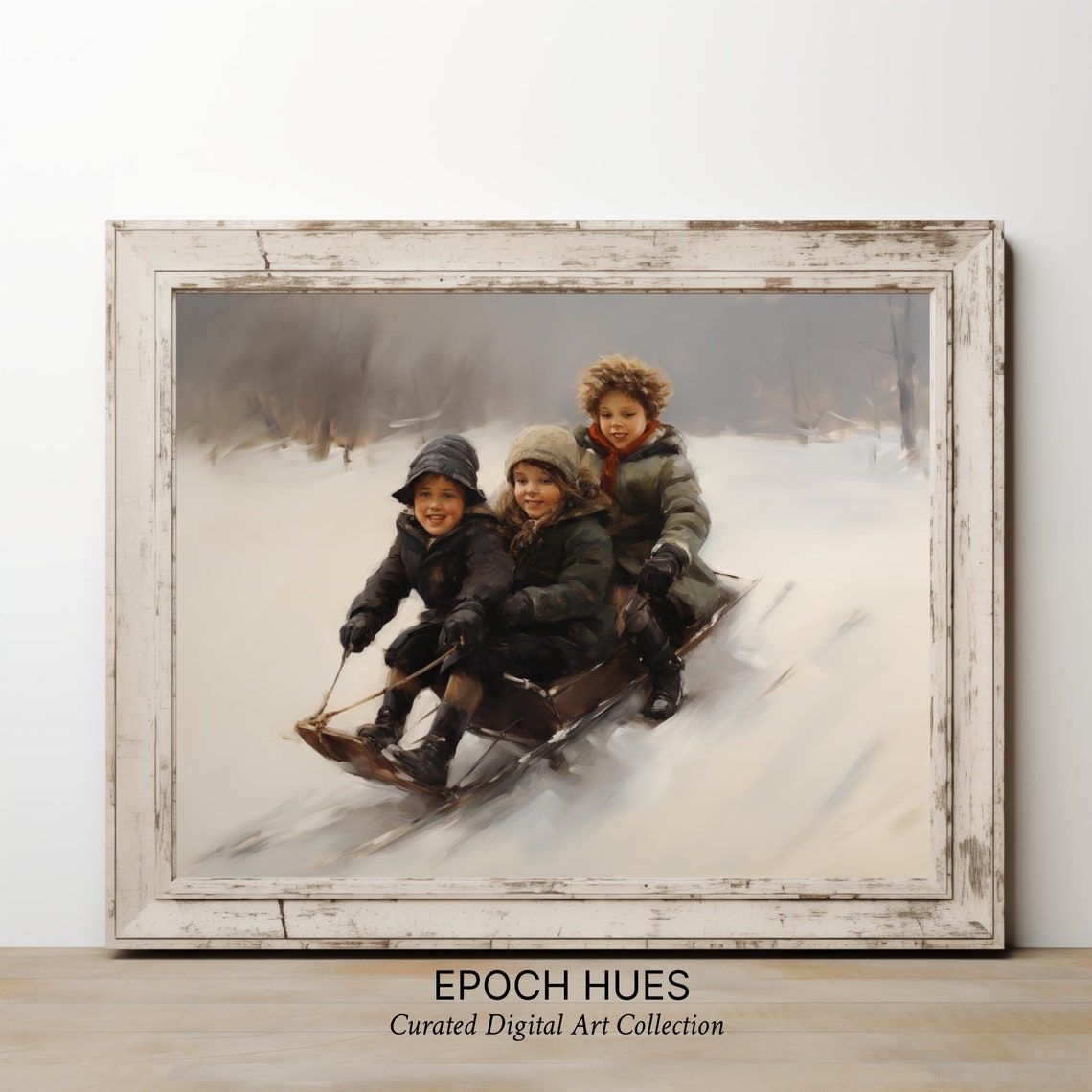 Three Children Sledding Down Snowy Hill Vintage Winter Poster - Image 3