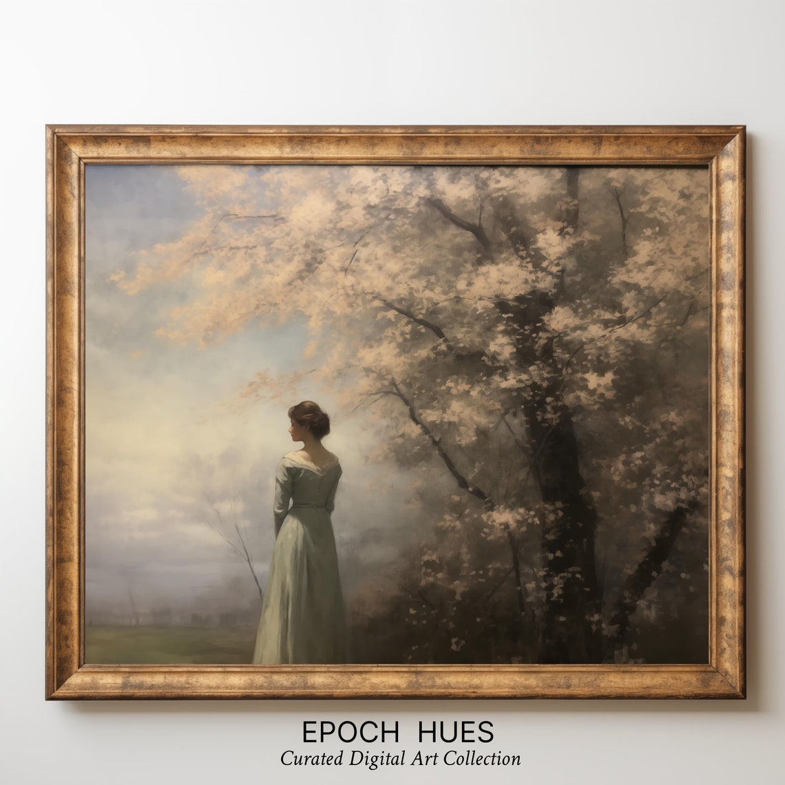 Lady In Sage Green Dress Beneath Blossoming Tree Painting Wall Art - Image 3