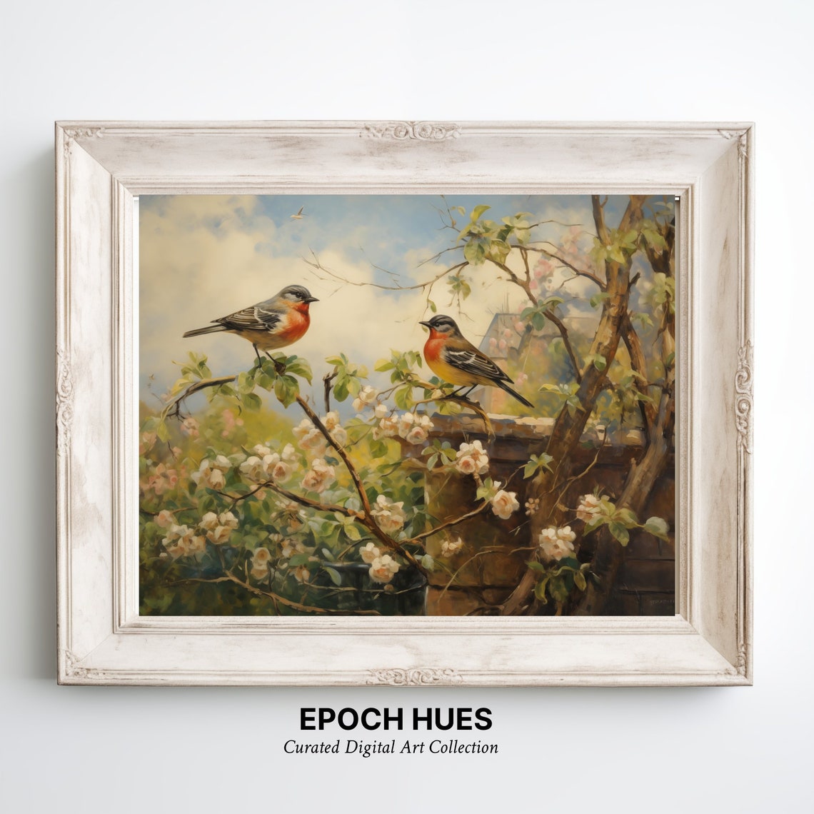 Two Songbirds Perched on Blossoming Branches Spring Art Poster - Image 3