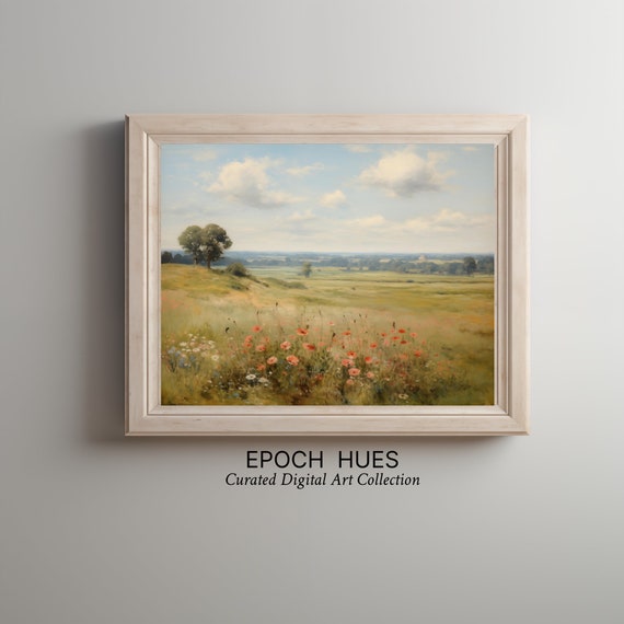 Rustic Landscape Painting Instant Serene Nature Scenery Countryside Artwork Field With Poppies