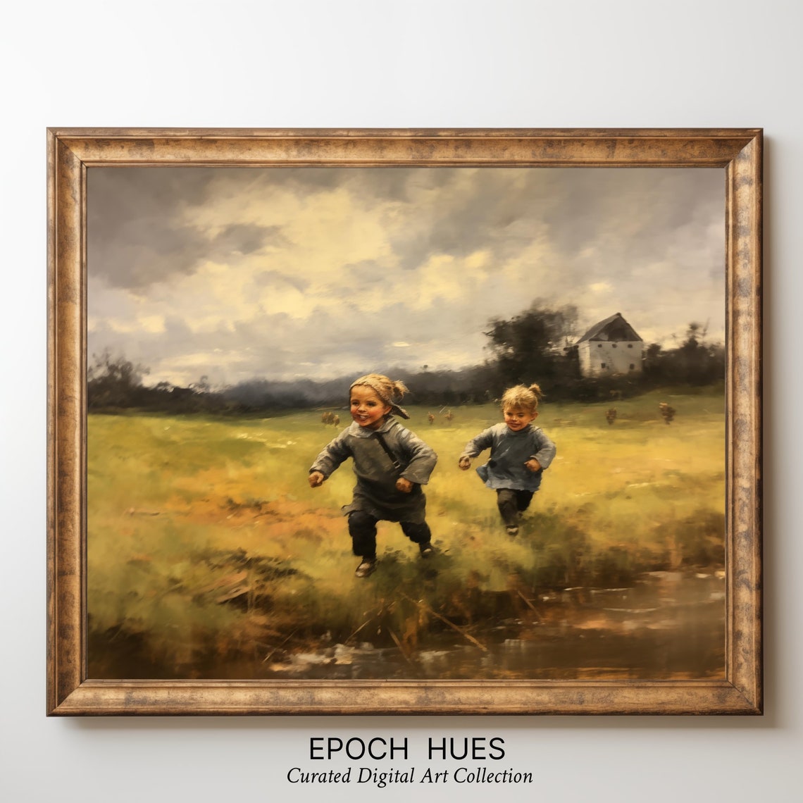 Two Children Running Meadow Farmhouse Joyful Vintage Painting Poster