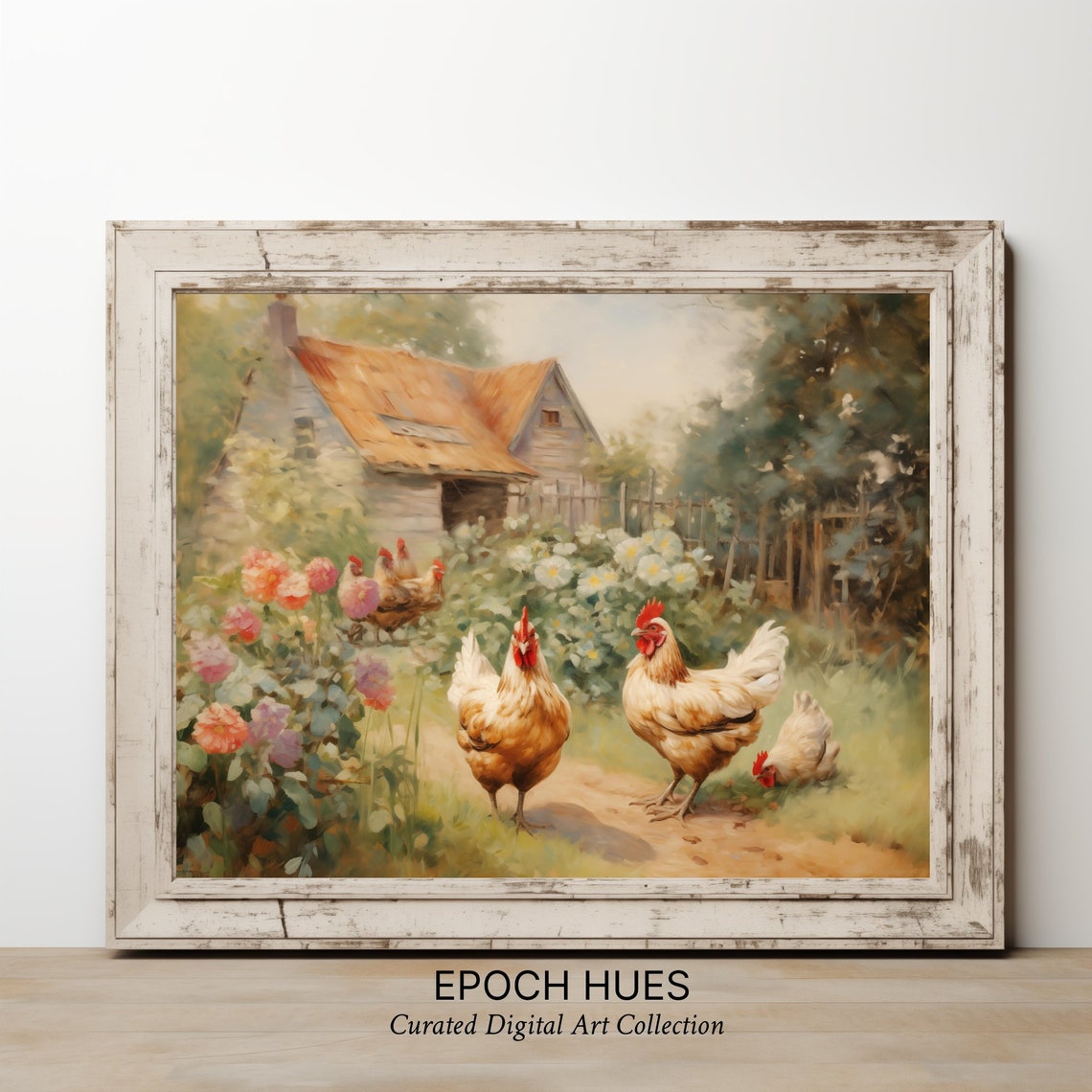 Flock of Hens in Garden Path by Red Tile Barn Country Poster - Image 2
