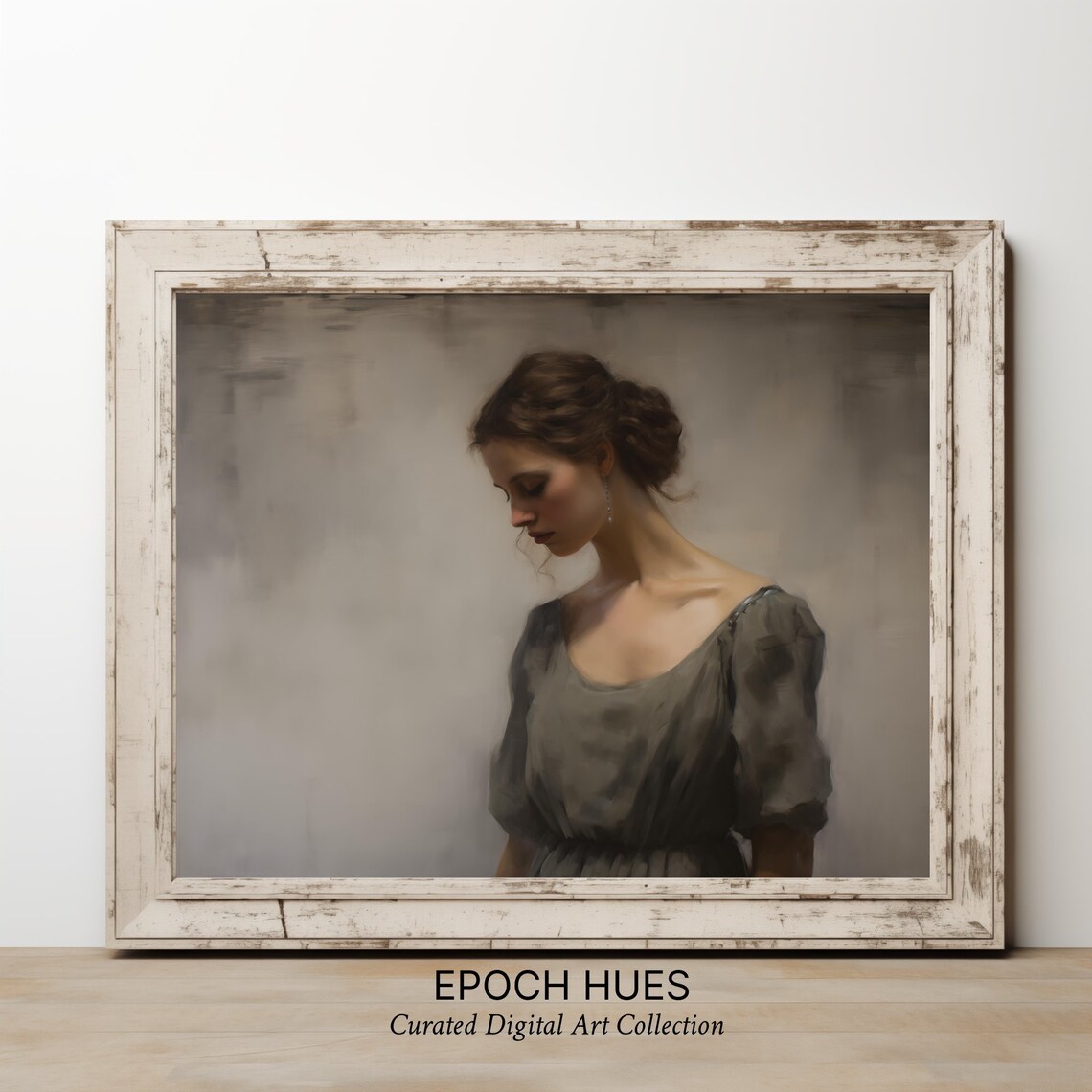 Elegant Woman in Grey Dress Downcast Classical Portrait Poster - Image 2