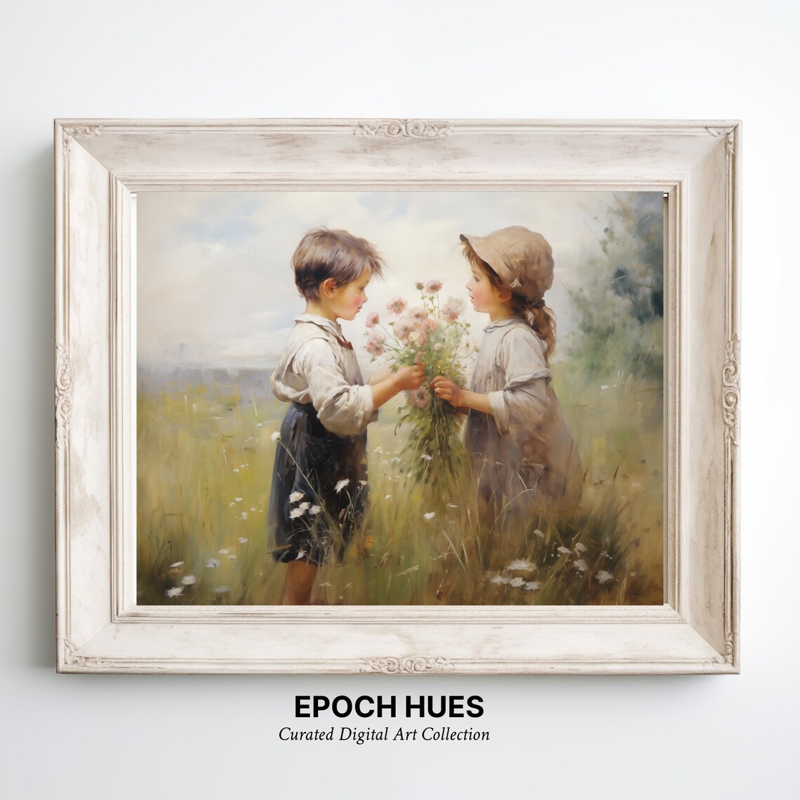 Boy And Girl Sharing Wildflowers Sunny Meadow Painting Wall Art