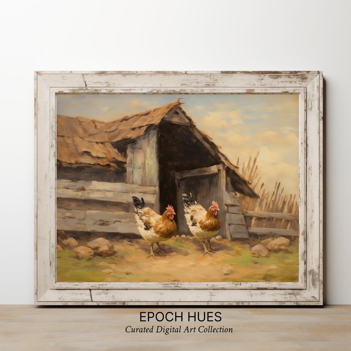 Two Chickens By A Rustic Wooden Coop Farmhouse Country Poster - Image 2