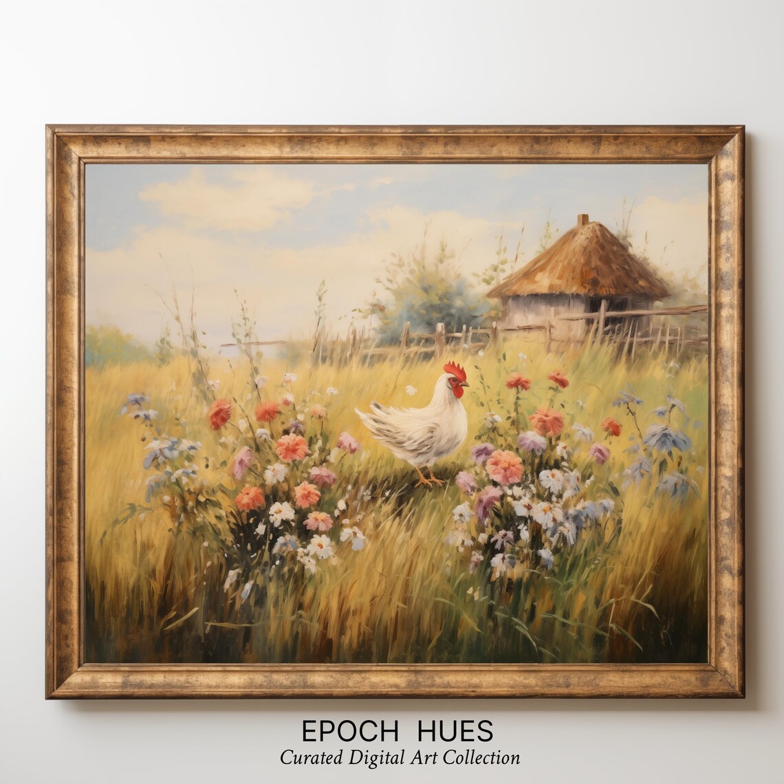 White Hen Among Wildflowers Wheat Field Cottage Painting Poster - Image 3