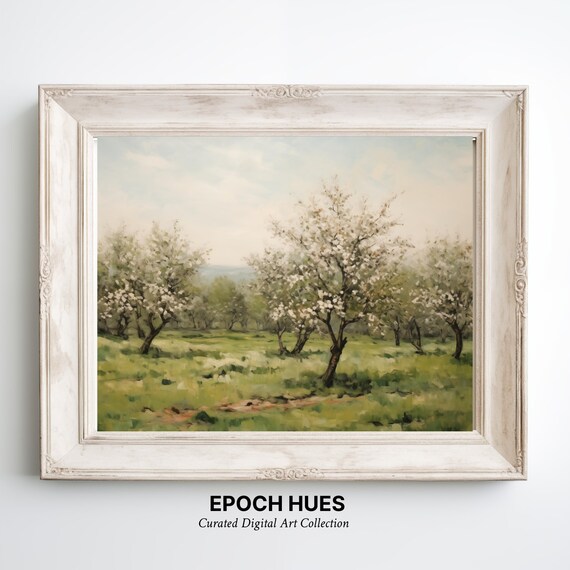 Spring Orchard Blossoming Trees Pastoral Landscape Painting Wall Art