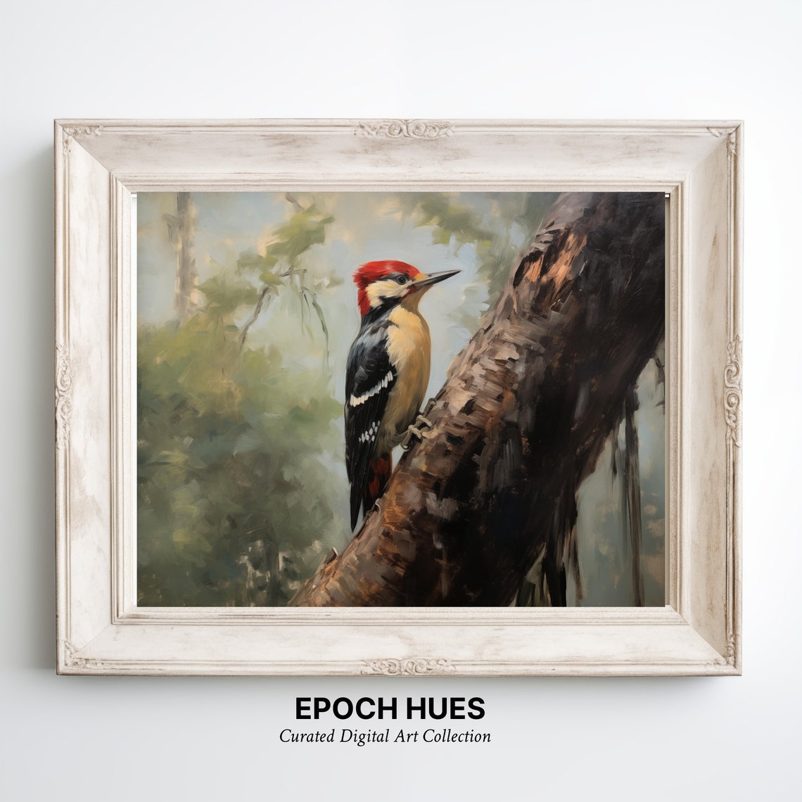 Red Crested Woodpecker Clinging to Tree Trunk Forest Bird Poster