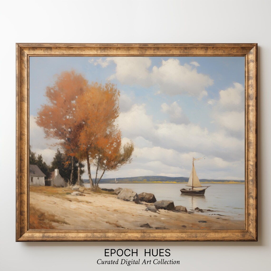 Autumn Beach With Sailboat and Orange Tree Lakeside Painting Poster - Image 3