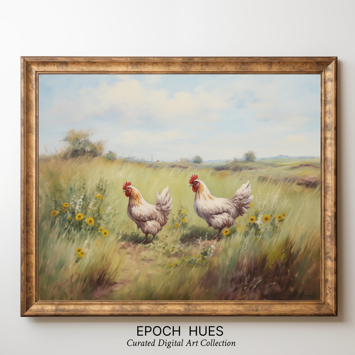 Two White Roosters in Field Yellow Wildflowers Country Poster