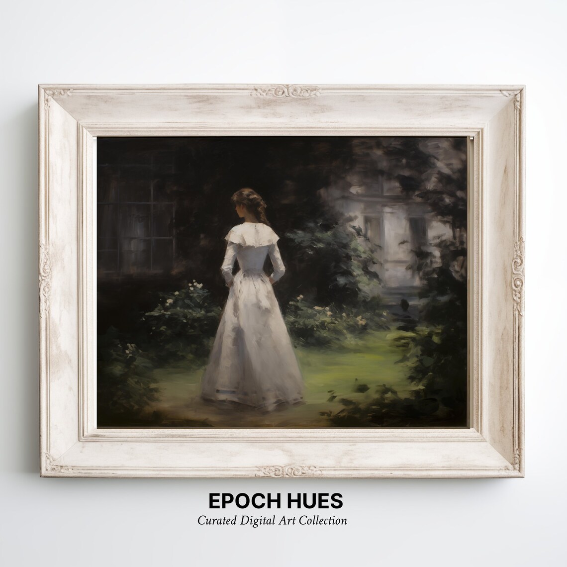 Woman In White Dress Moonlit Garden Dusk Romantic Painting Poster - Image 2
