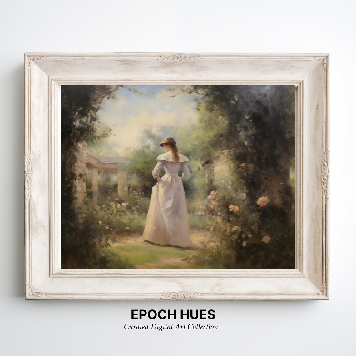 Sunlit Lady With Hat Rose Garden Path Summer Painting Wall Art - Image 2