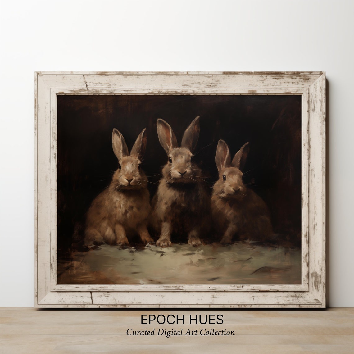 Three Brown Rabbits Sitting in a Row Vintage Bunny Painting Poster