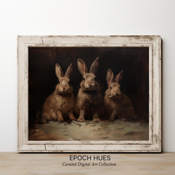 Three Brown Rabbits Sitting in a Row Vintage Bunny Painting Poster