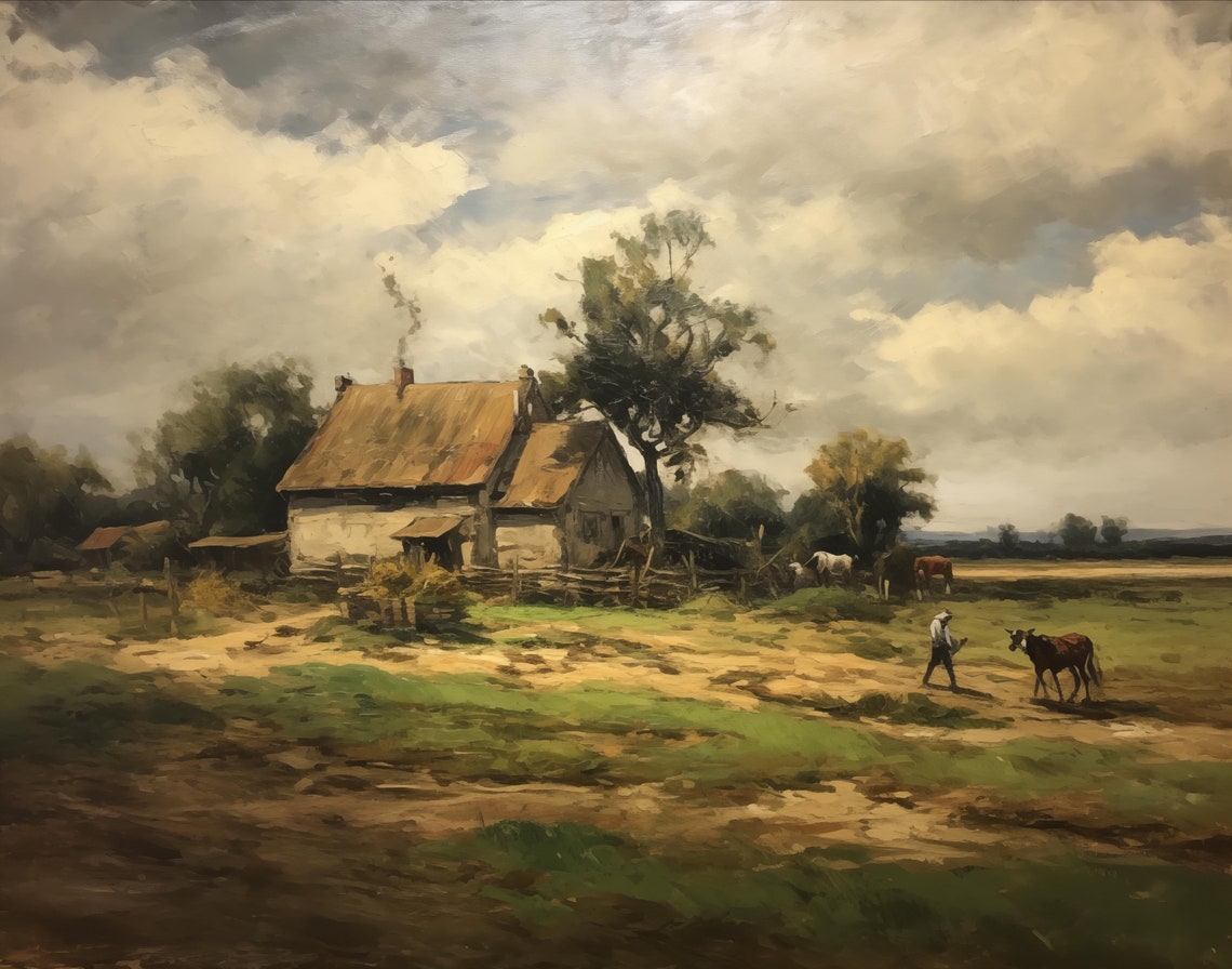 Rustic Farmhouse Cottage With Cows Country Field Painting Wall Art - Image 2