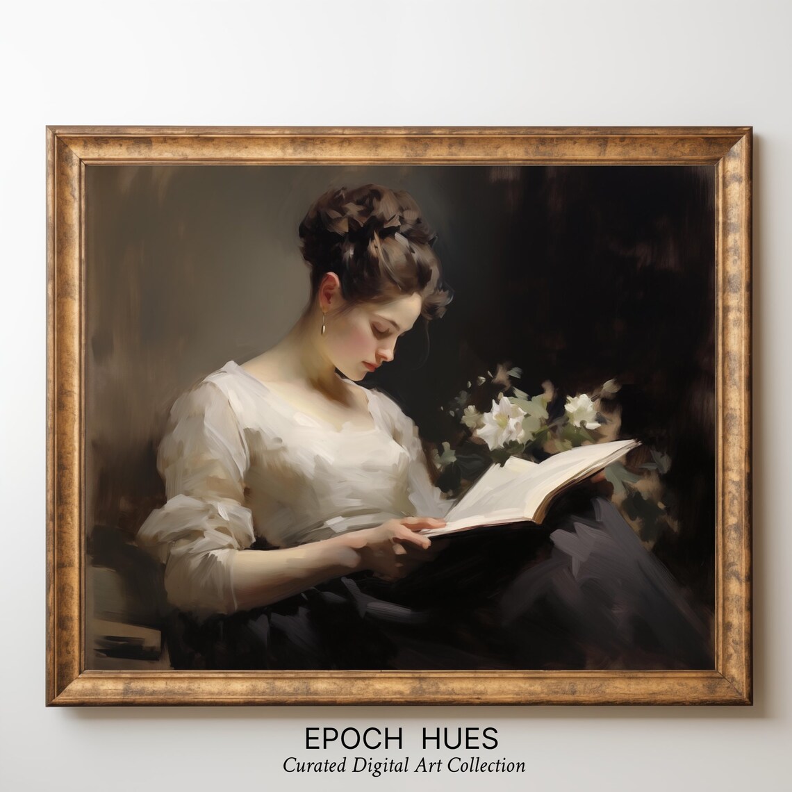Woman Reading a Book Classical Oil Portrait Dark Room Poster - Image 3